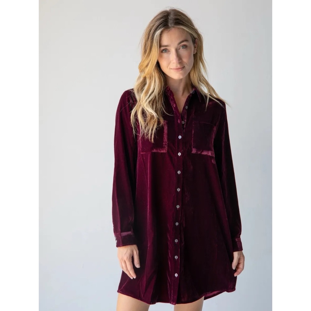 NWT Natural Life Rocky Velvet Button Front Shirt Dress in Cranberry - Picture 2 of 12